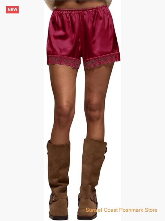 Other - Satin Lace Trim Low Rise Mini Shorts French Knickers Shiny Elastic Waist